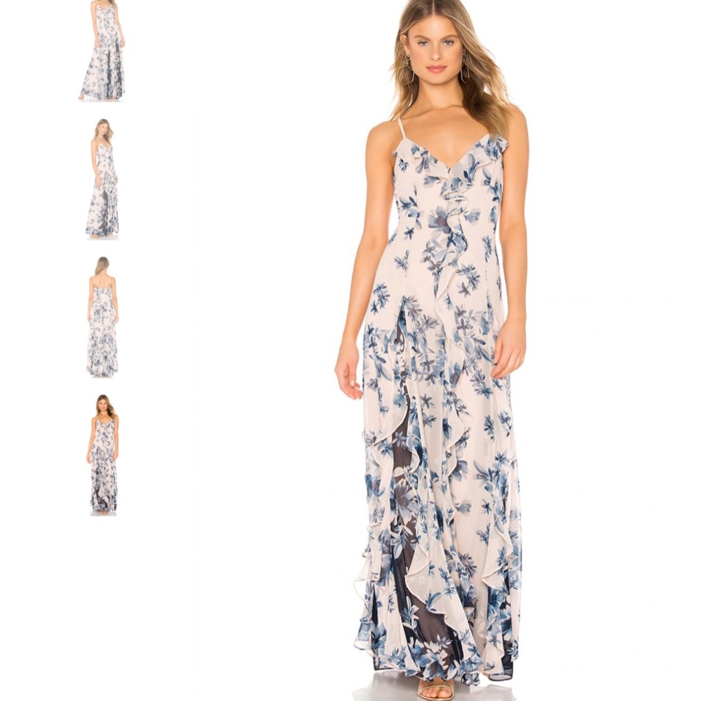 LONG RUFFLE GOWN DIVINE BLOOM PEACH | BCBGMAXAZRIA WOMENS FLORAL - SIZE 0